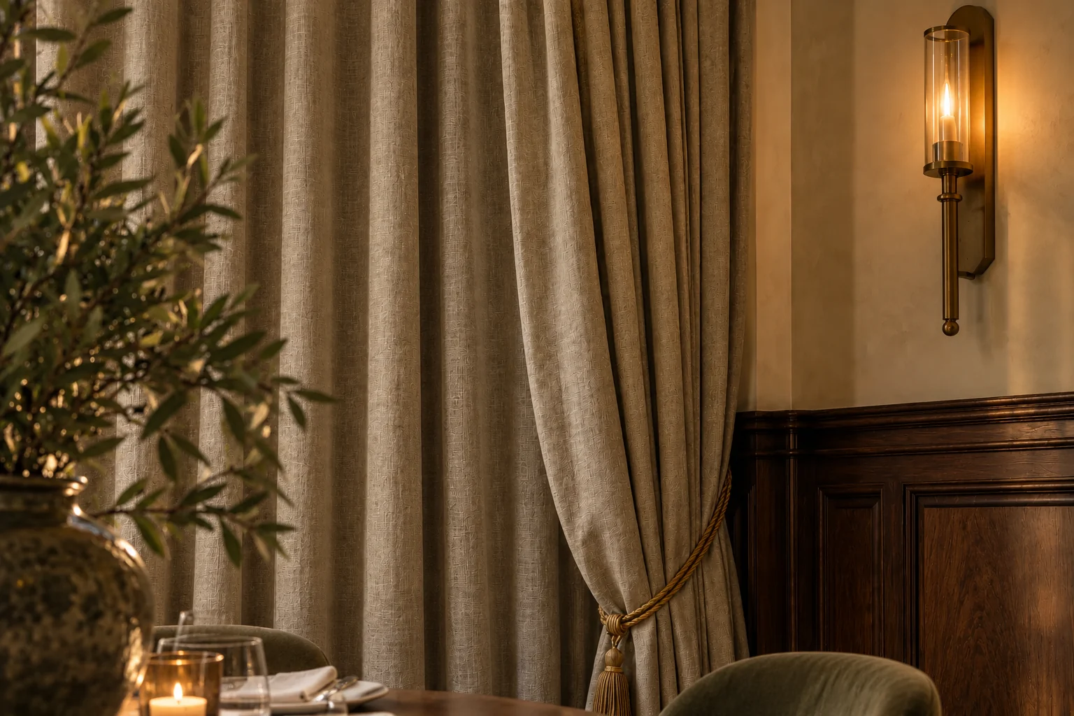 Textured taupe drapery, walnut paneling, and a warm brass sconce