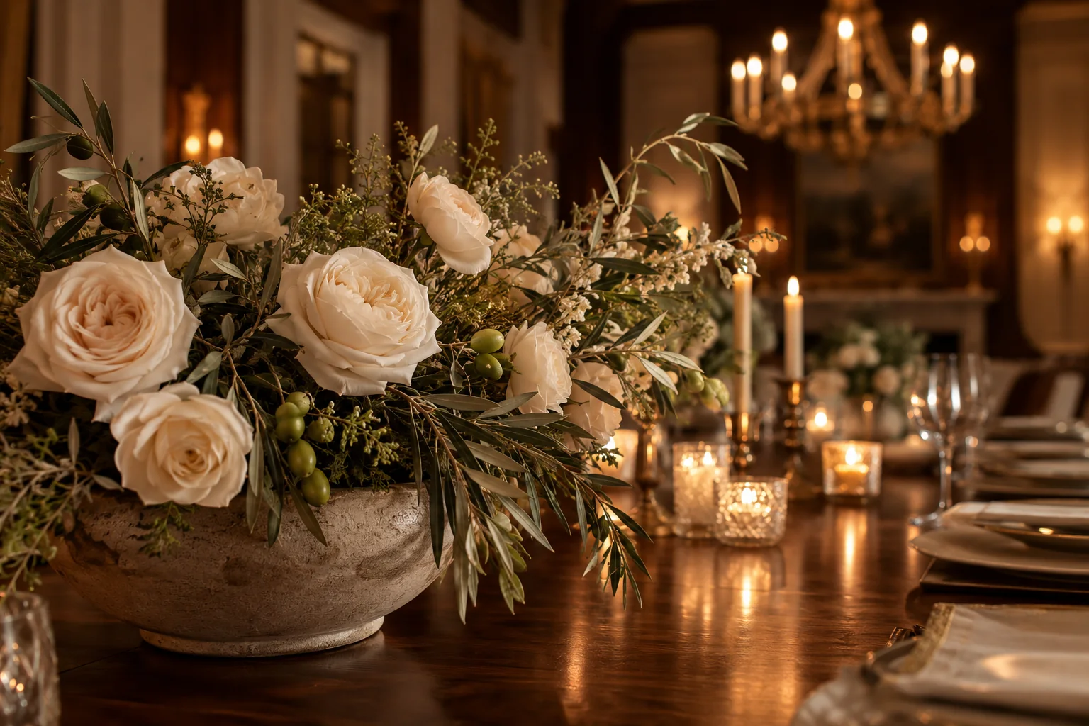 Cream roses and olive foliage in soft candlelight