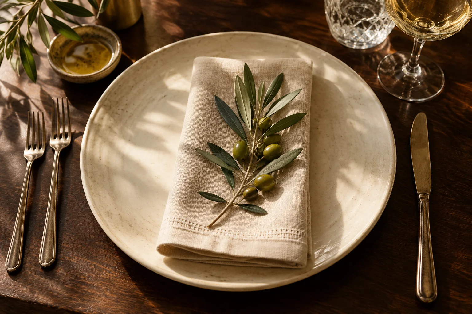 An olive branch on folded linen and ivory porcelain
