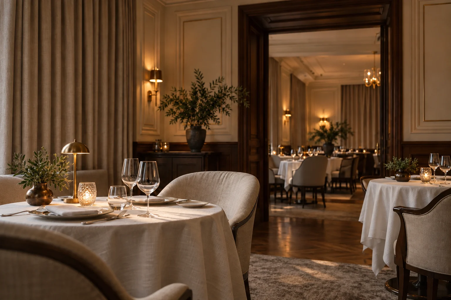 An artistic preview of the cream and walnut dining room at Eleganti