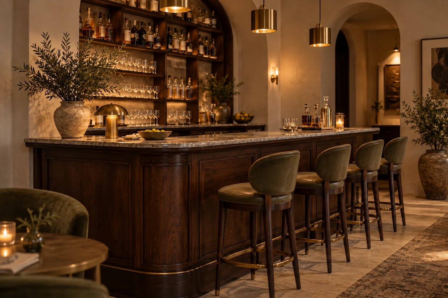 The warm walnut and brass interior direction for Eleganti