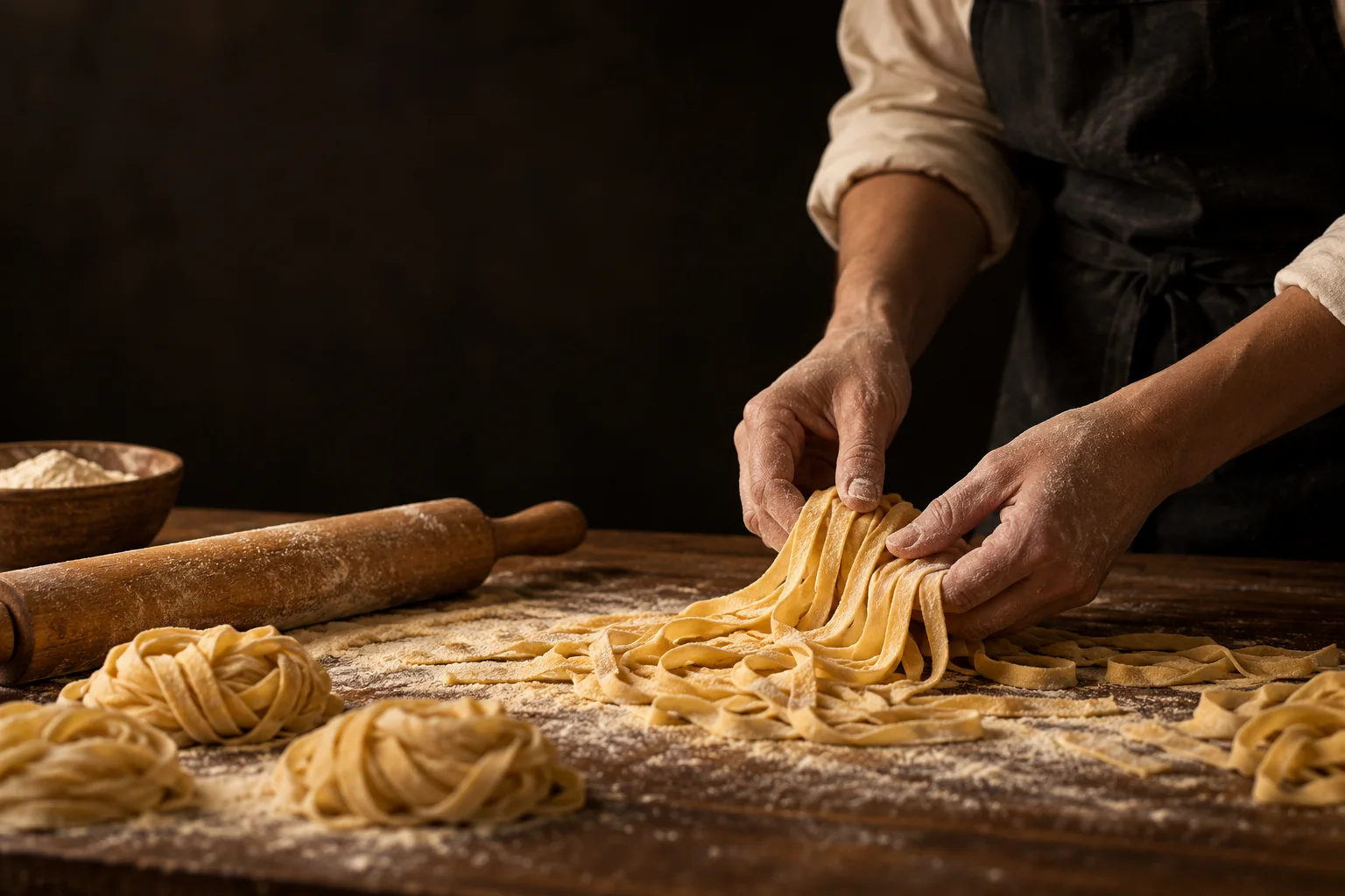 An artistic study of hands shaping fresh Italian pasta