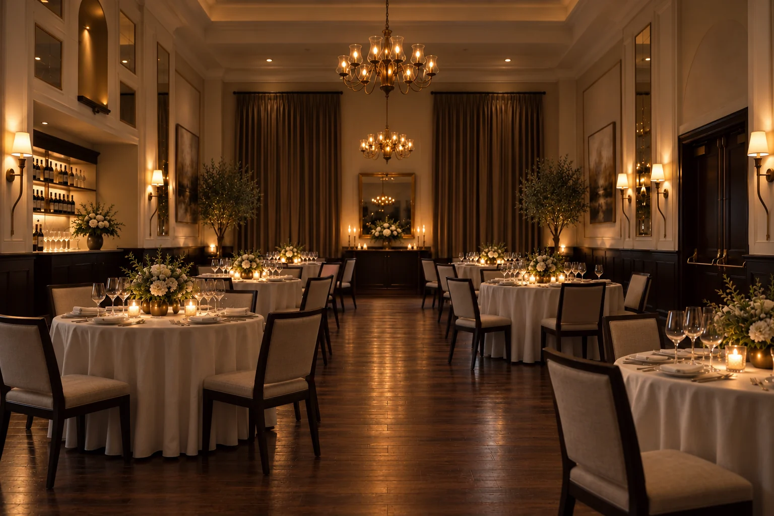 A vision of Eleganti’s warm, chandelier-lit dining room with white linen tables