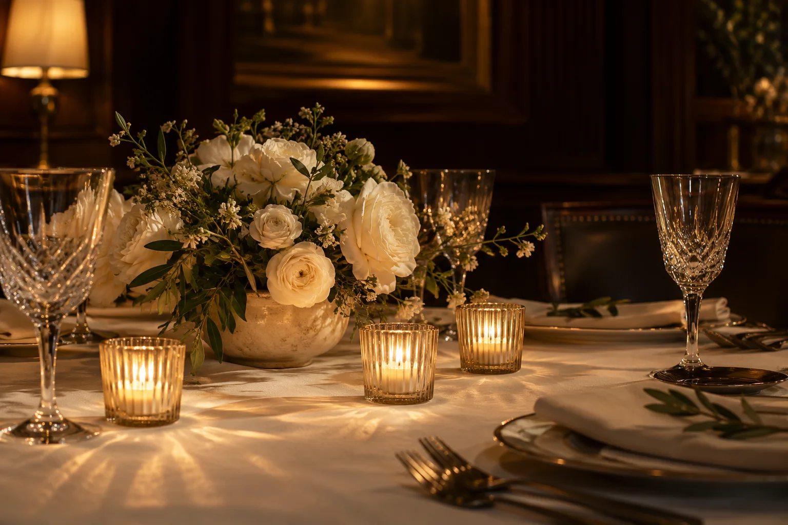 Votive candles and cream flowers on a linen-covered table