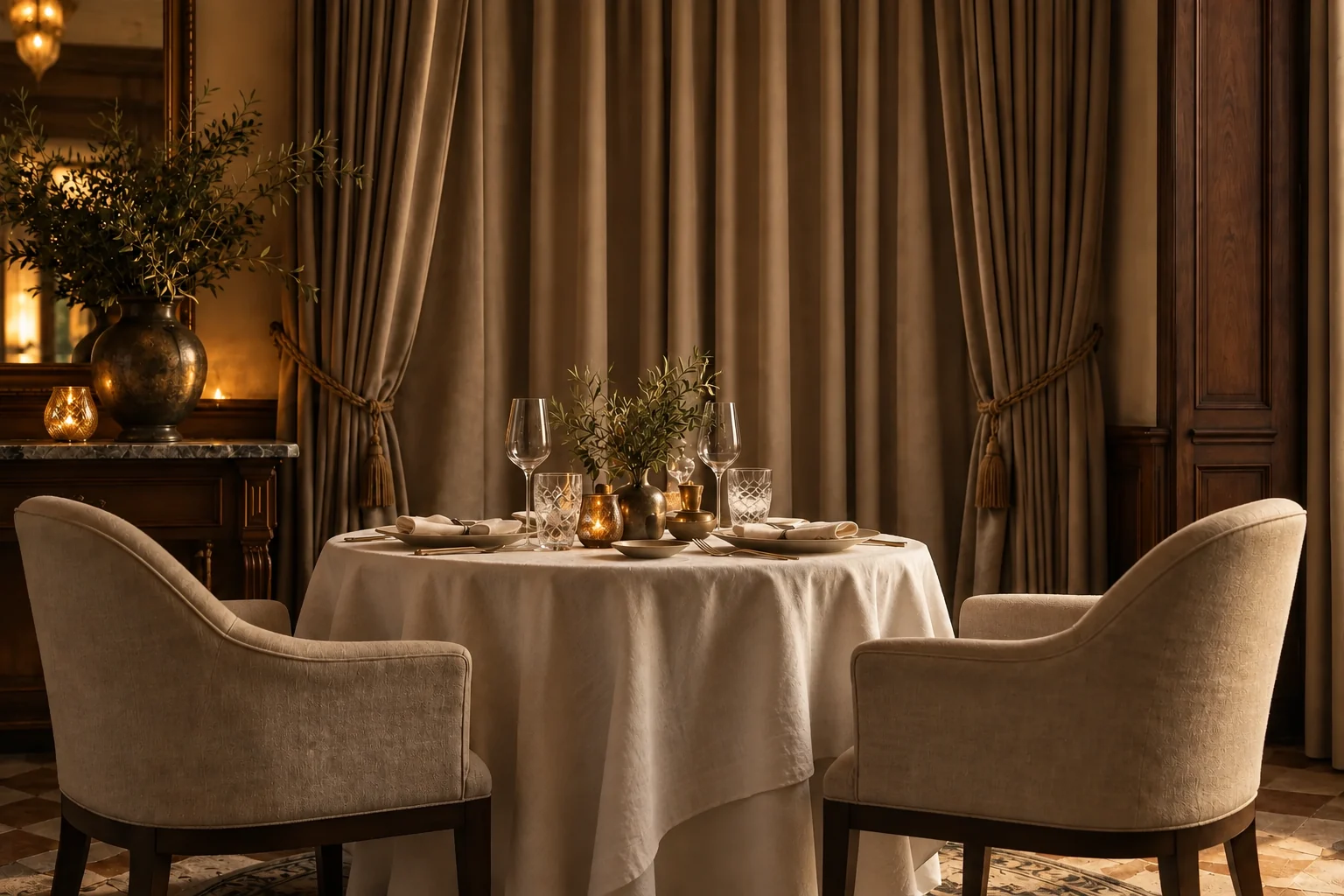 A table for two with ivory linen, cream chairs, and warm taupe drapery